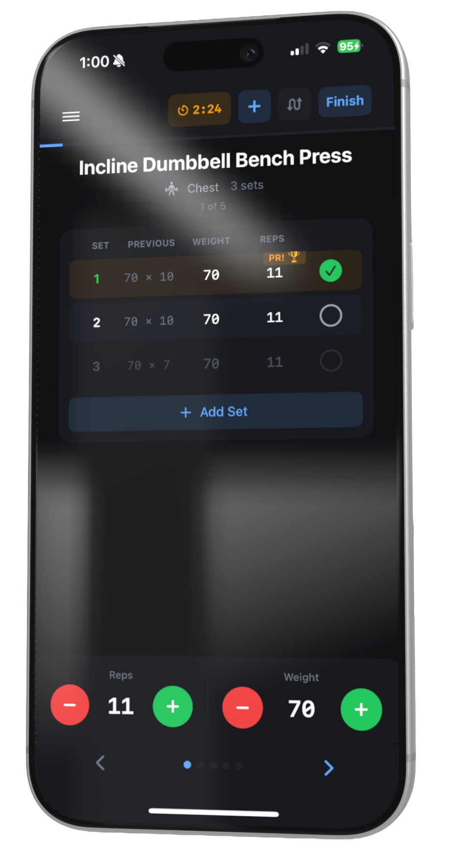 GymDoe active workout screen showing live set tracking and PR feedback